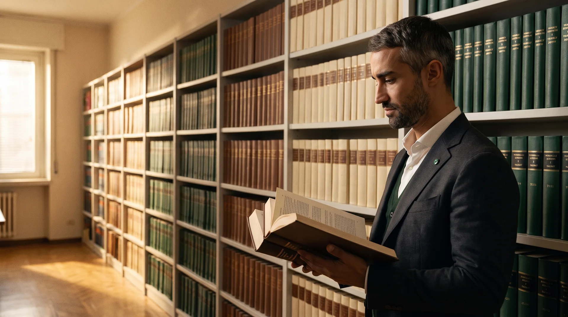 Tariq compare deux éditions reliées d’un même code, devant un mur de volumes.