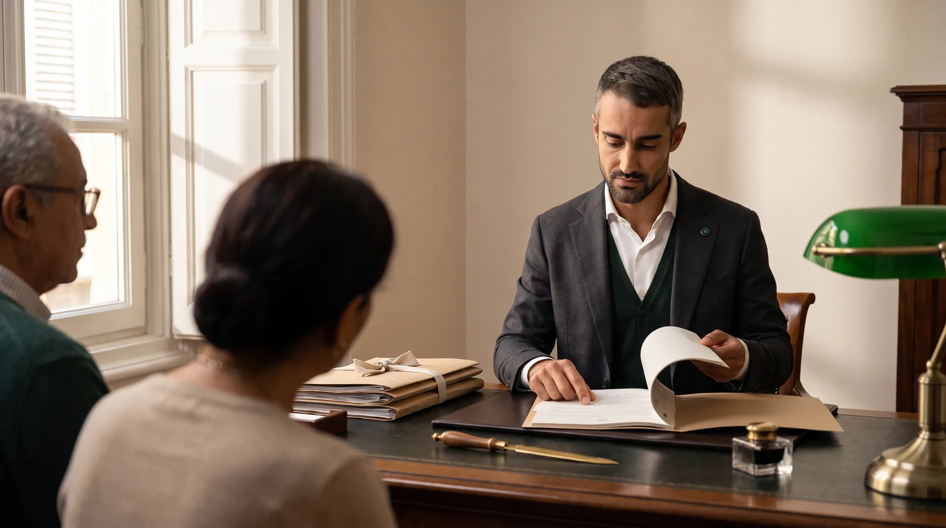Tariq vérifie un acte chez un notaire, face à un couple de clients.